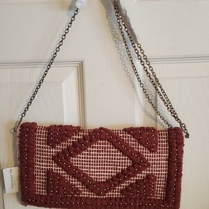 *NWT* Burgundy and Cream Clutch with Brass Beading